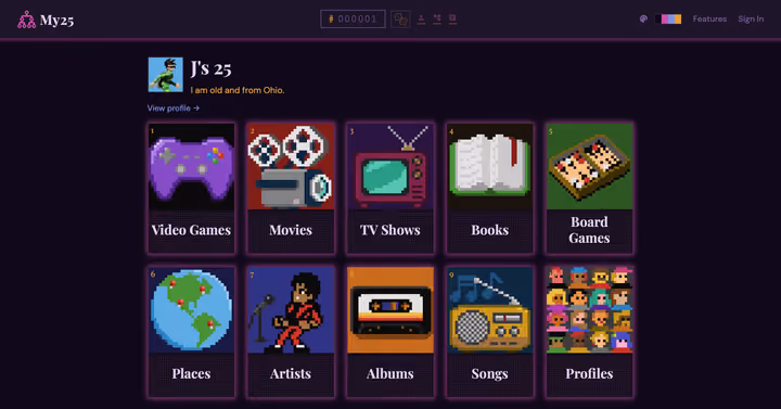 A My25 profile page, "J's 25": a grid of ten numbered pixel-art tiles for Video Games, Movies, TV Shows, Books, Board Games, Places, Artists, Albums, Songs and Profiles.